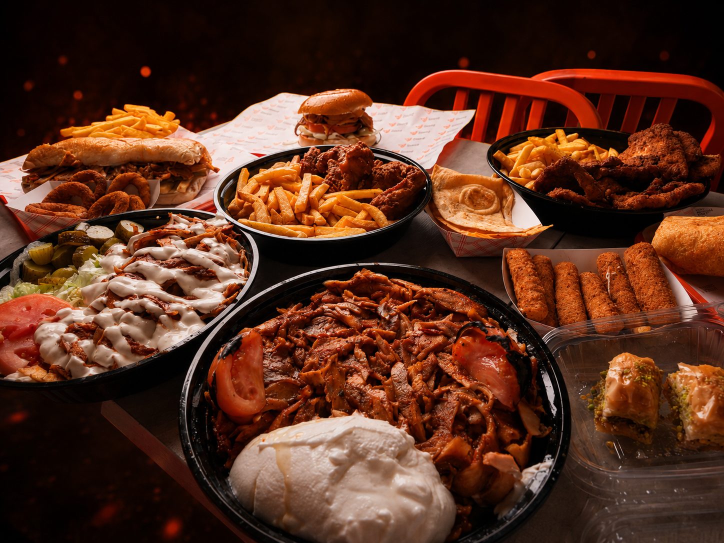 Chick Point — full spread on the table: doner plate, burger, wings, sandwich, sides, baklava